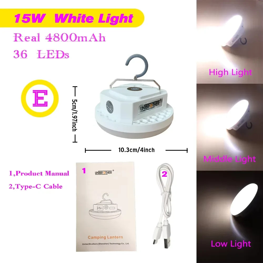 Rechargeable LED Camping Lantern, Magnetic Hook, USB and Type-C 2A Charging, 4 Light Levels, 15W or 30W Options - product view 3