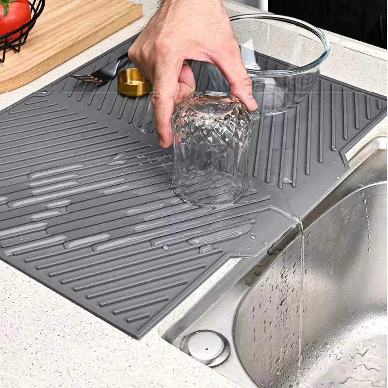 Silicone Dish Drying Mat, Square Modern Sink Splash Guard with Drainage Holes, Non-Slip Space-Saving Design, Light Grey - product view 2