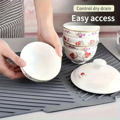 Silicone Dish Drying Mat, Square Modern Sink Splash Guard with Drainage Holes, Non-Slip Space-Saving Design, Light Grey - product view 3