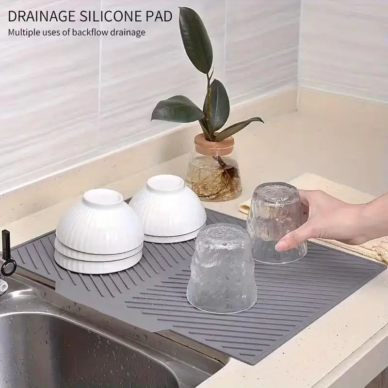 Silicone Dish Drying Mat, Square Modern Sink Splash Guard with Drainage Holes, Non-Slip Space-Saving Design, Light Grey - product view 4