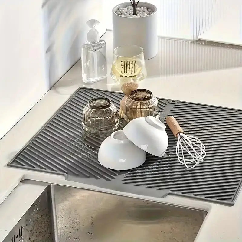 Silicone Dish Drying Mat, Square Modern Sink Splash Guard with Drainage Holes, Non-Slip Space-Saving Design, Light Grey - product view 6