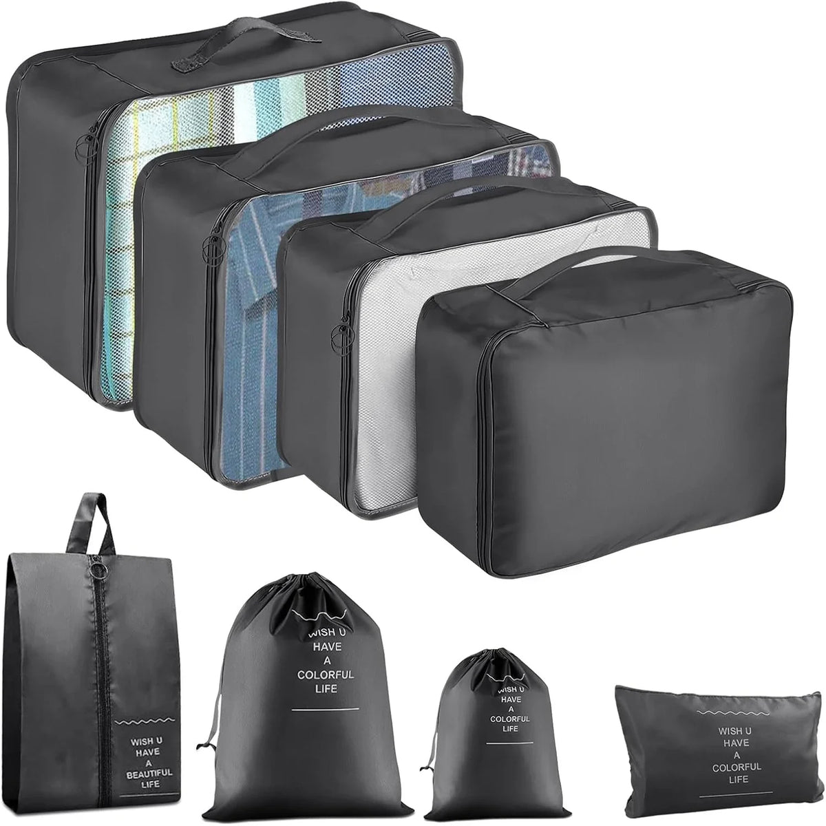 8-Piece Packing Cubes Set, Reusable Rectangular Polyester Travel Organizer Bags with Flat Pattern for Suitcases - product view 1