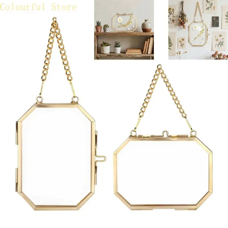 Octagonal Floating Photo Frame, Metal and Glass Pressed Flower Display, Geometric Hanging Picture Frame for Home Décor - product view 3
