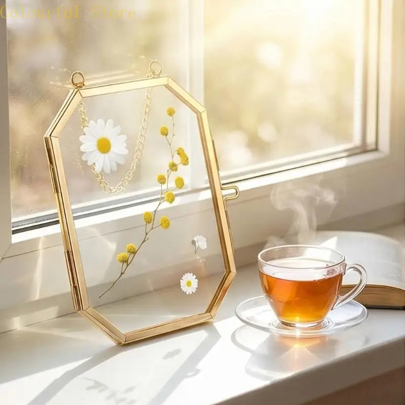 Octagonal Floating Photo Frame, Metal and Glass Pressed Flower Display, Geometric Hanging Picture Frame for Home Décor - product view 6