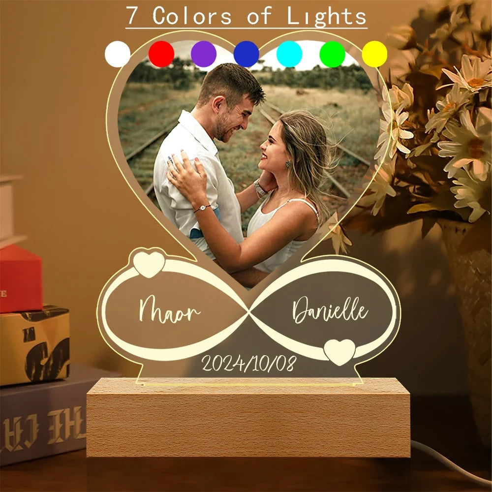 Personalized Acrylic Photo Frame Night Light, USB LED Anniversary Gift with Warm, 3-Color or 7-Color Light - product view 2