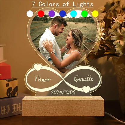 Personalized Acrylic Photo Frame Night Light, USB LED Anniversary Gift with Warm, 3-Color or 7-Color Light - product view 2
