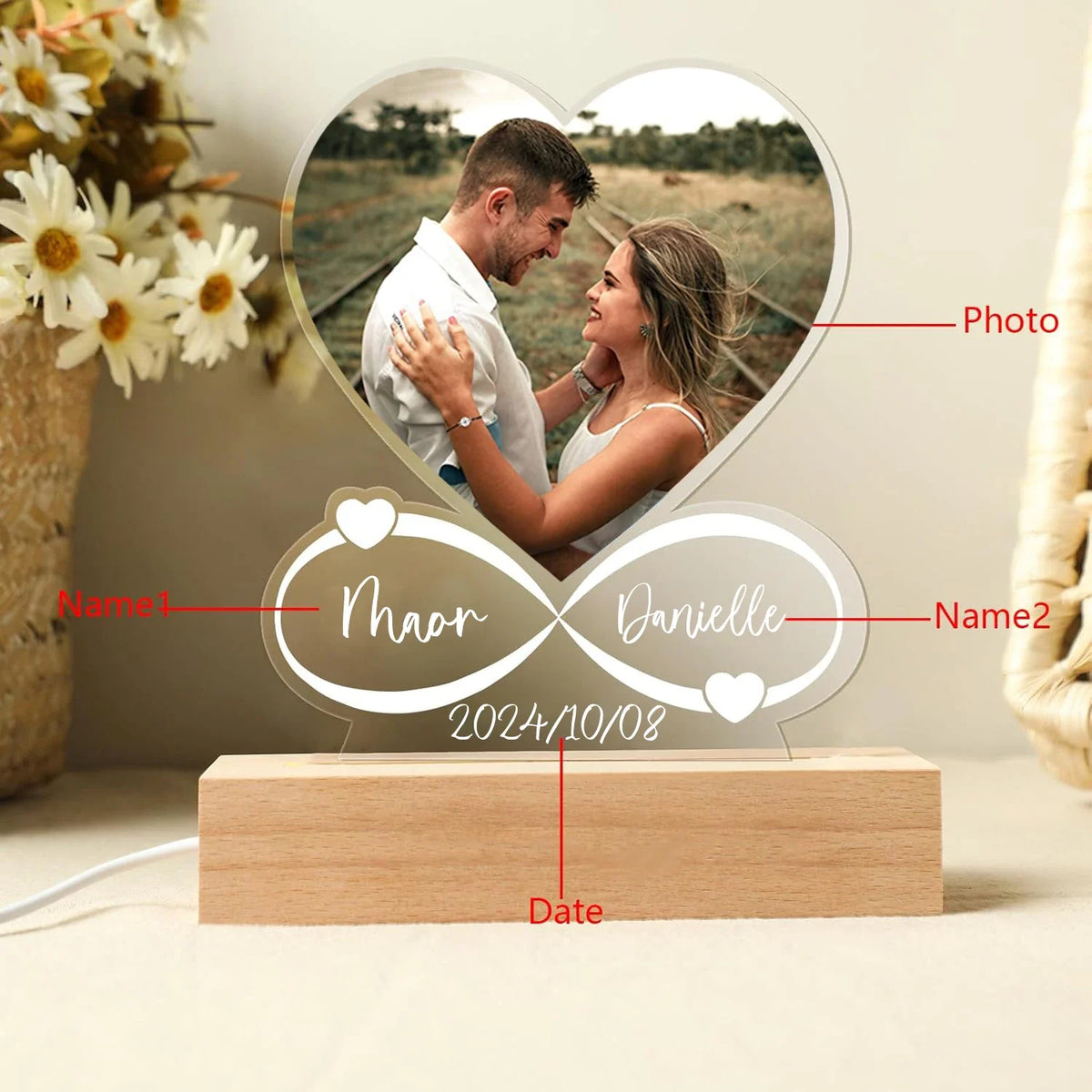 Personalized Acrylic Photo Frame Night Light, USB LED Anniversary Gift with Warm, 3-Color or 7-Color Light - product view 3