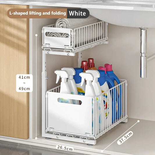 2-Tier Pull-Out Cabinet Organizer, Adjustable Under-Sink Storage Rack, Carbon Steel Slide-Out Basket, White or Black - product view 1