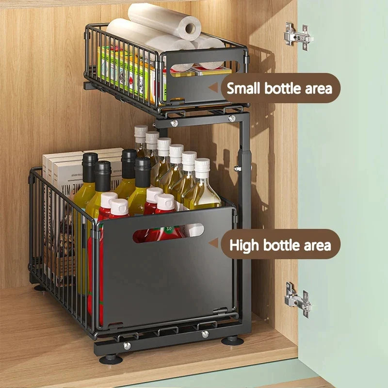 2-Tier Pull-Out Cabinet Organizer, Adjustable Under-Sink Storage Rack, Carbon Steel Slide-Out Basket, White or Black - product view 6
