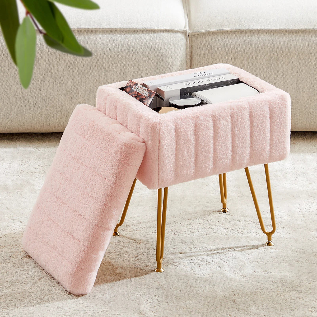 Faux Fur Storage Ottoman, Padded Fabric Seat, Metal Legs, Hidden 10L Compartment for Bedroom, Entryway and Living Room - product view 1