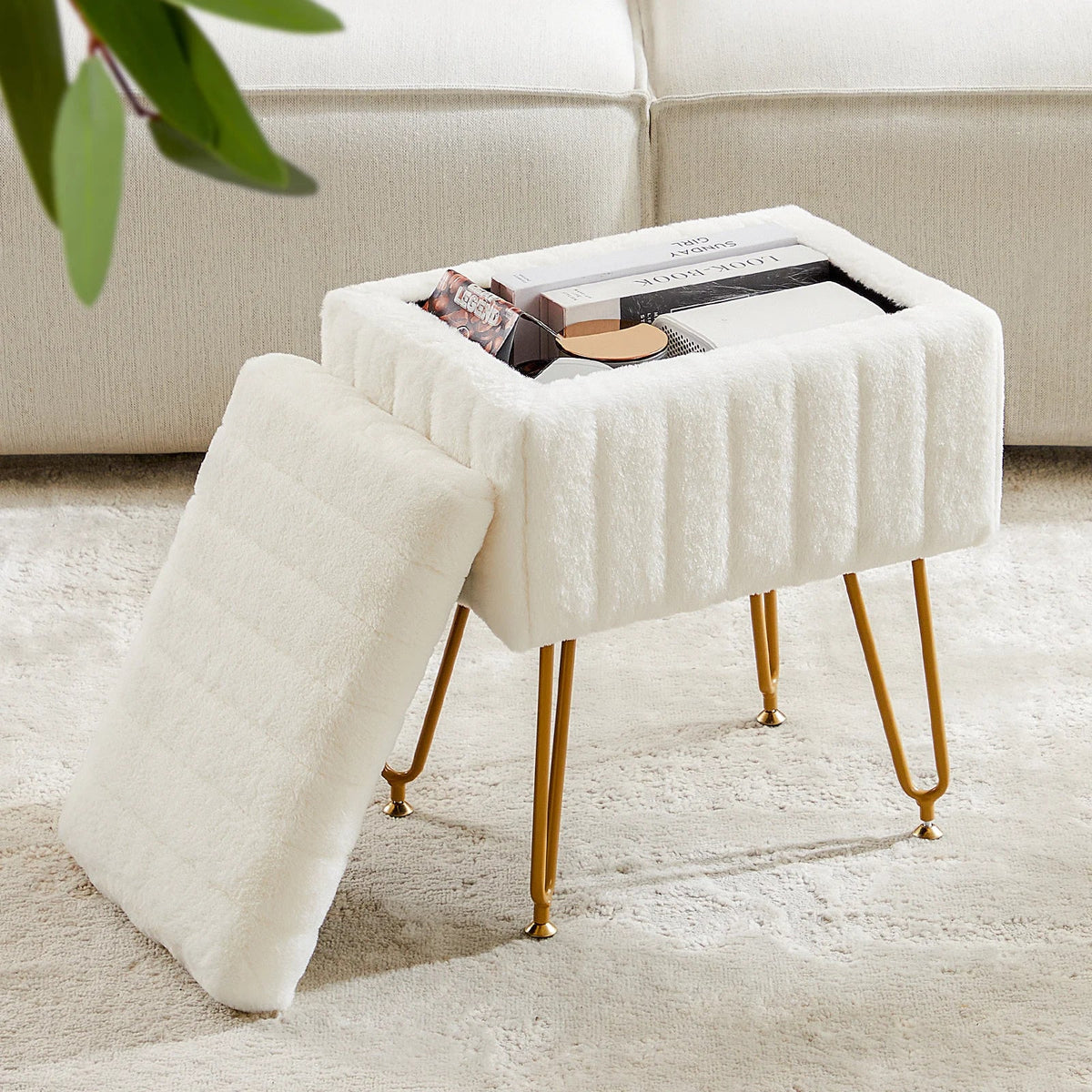 Faux Fur Storage Ottoman, Padded Fabric Seat, Metal Legs, Hidden 10L Compartment for Bedroom, Entryway and Living Room - product view 2