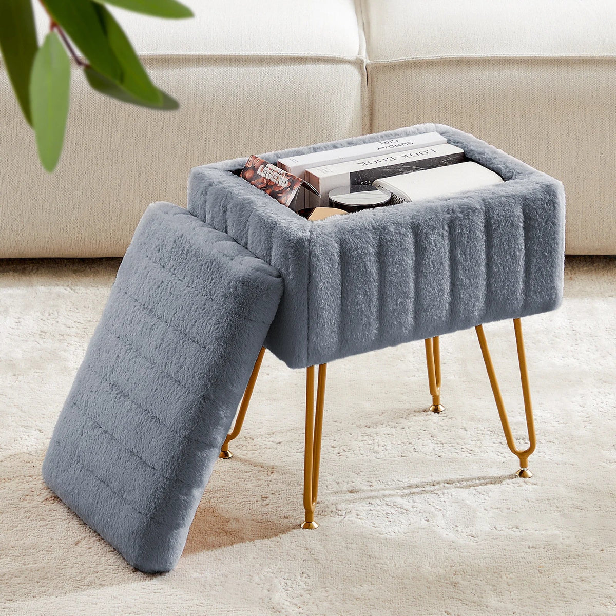 Faux Fur Storage Ottoman, Padded Fabric Seat, Metal Legs, Hidden 10L Compartment for Bedroom, Entryway and Living Room - product view 3