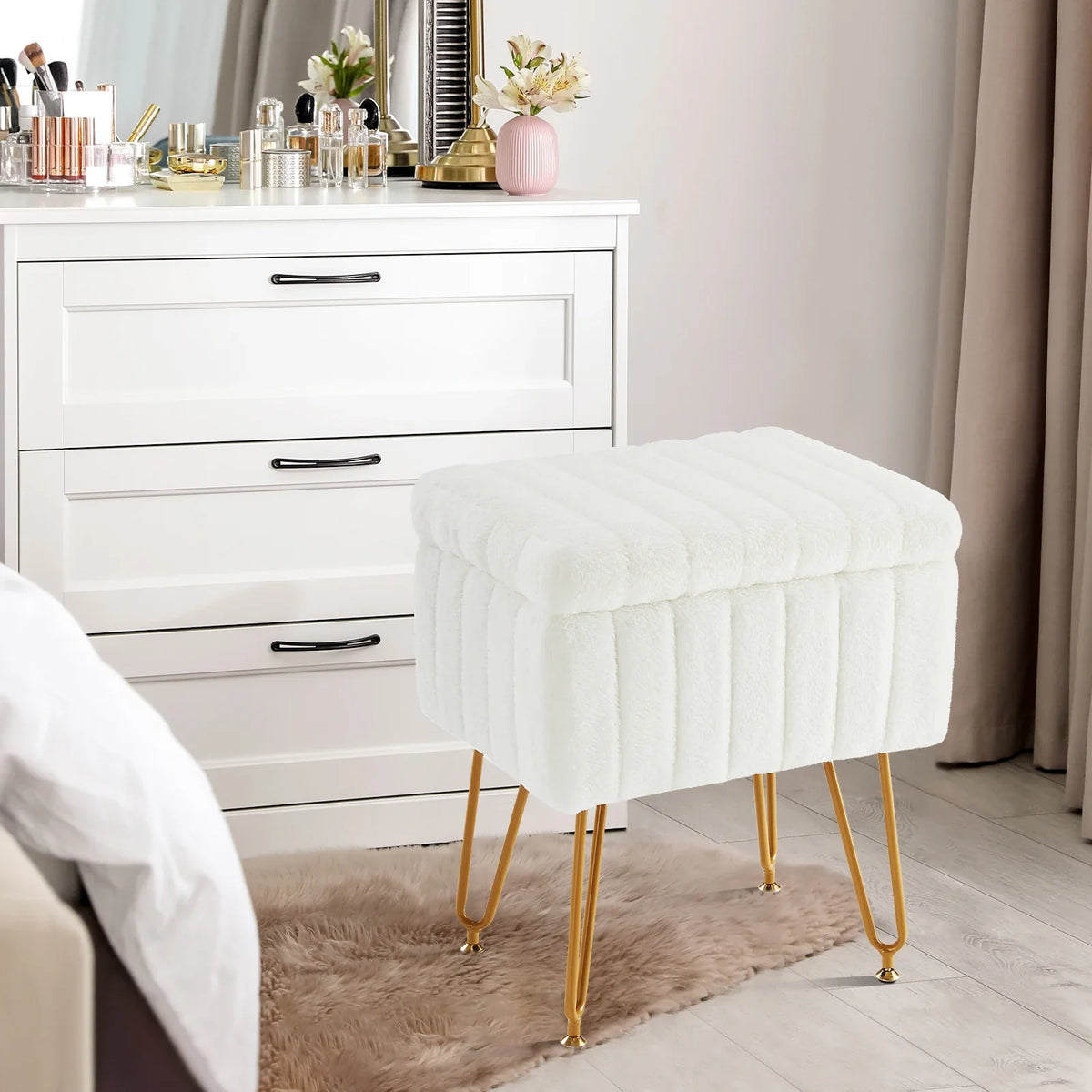 Faux Fur Storage Ottoman, Padded Fabric Seat, Metal Legs, Hidden 10L Compartment for Bedroom, Entryway and Living Room - product view 5