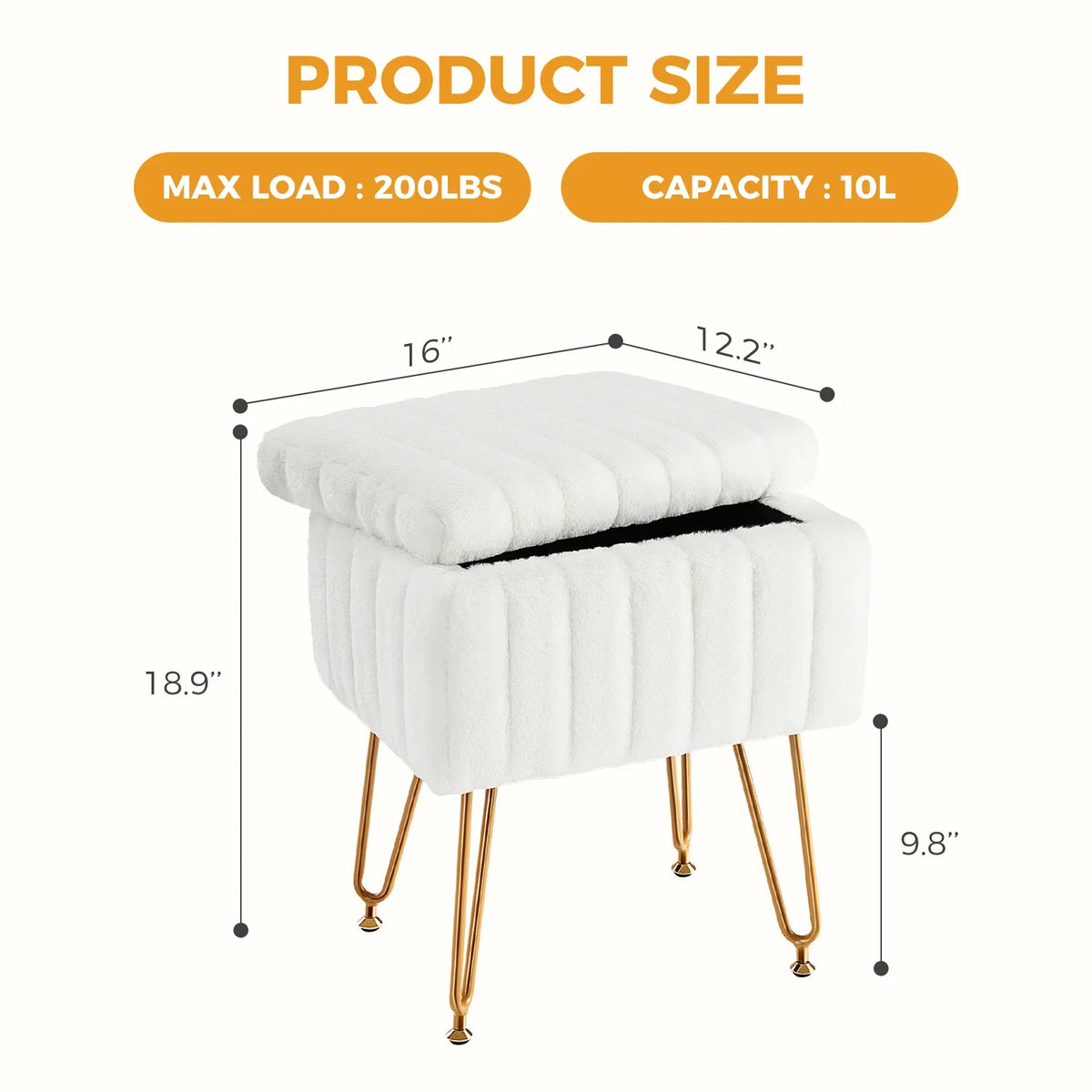 Faux Fur Storage Ottoman, Padded Fabric Seat, Metal Legs, Hidden 10L Compartment for Bedroom, Entryway and Living Room - product view 6