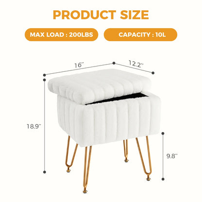 Faux Fur Storage Ottoman, Padded Fabric Seat, Metal Legs, Hidden 10L Compartment for Bedroom, Entryway and Living Room - product view 6