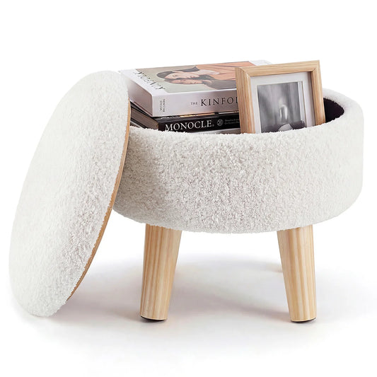 Round Storage Ottoman Stool, Hidden Storage, Padded Seat, Wood Frame and Legs in Beige, Black or Pink for Living Rooms - product view 1