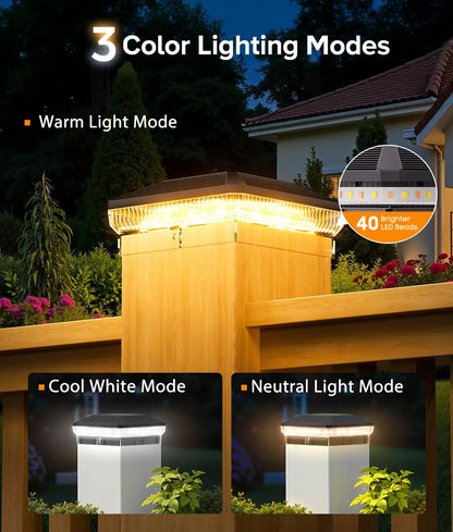 Solar Post Cap Light, 3 Color Modes, 40 LEDs, 30 Lumens, Automatic 5V Lighting for 4x4 Vinyl and Wooden Fence Posts - product view 5