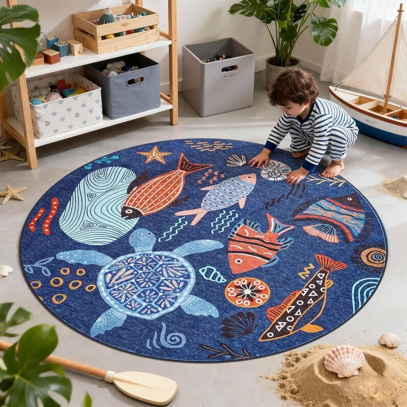 Round Sea Turtle Area Rug, Printed 100% Polyester, Non-Slip Floor Mat, 3 Sizes for Kids' Bedroom and Playroom Décor - product view 2