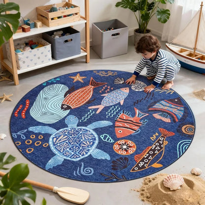 Round Sea Turtle Area Rug, Printed 100% Polyester, Non-Slip Floor Mat, 3 Sizes for Kids' Bedroom and Playroom Décor - product view 2