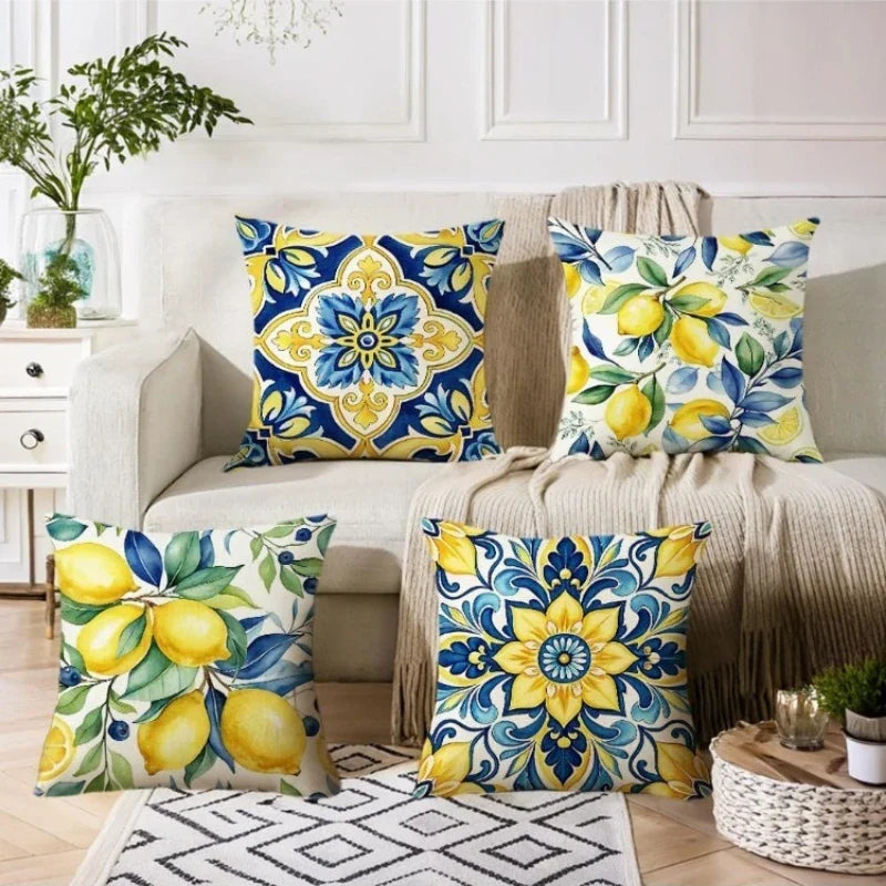 Coastal Outdoor Patio Cushion Covers, 4-Pack Lemon Blue Majolica Tile Print Square Cases, 14 to 24 Inch Sizes - product view 1