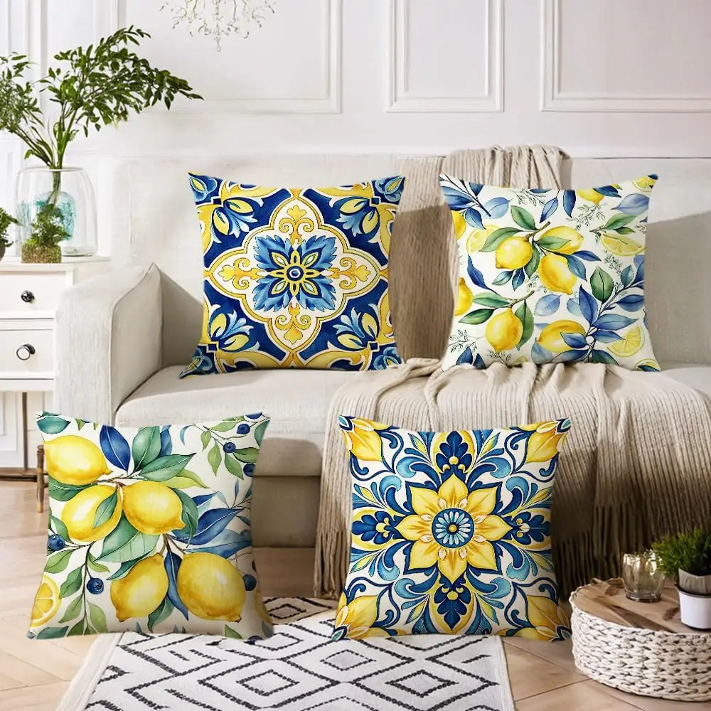 Coastal Outdoor Patio Cushion Covers, 4-Pack Lemon Blue Majolica Tile Print Square Cases, 14 to 24 Inch Sizes - product view 2