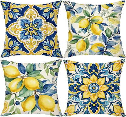 Coastal Outdoor Patio Cushion Covers, 4-Pack Lemon Blue Majolica Tile Print Square Cases, 14 to 24 Inch Sizes - product view 3
