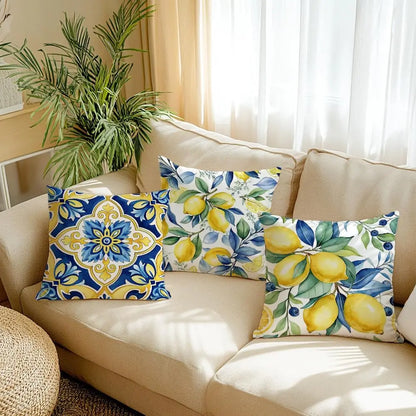 Coastal Outdoor Patio Cushion Covers, 4-Pack Lemon Blue Majolica Tile Print Square Cases, 14 to 24 Inch Sizes - product view 5