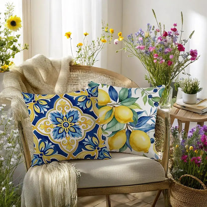 Coastal Outdoor Patio Cushion Covers, 4-Pack Lemon Blue Majolica Tile Print Square Cases, 14 to 24 Inch Sizes - product view 6
