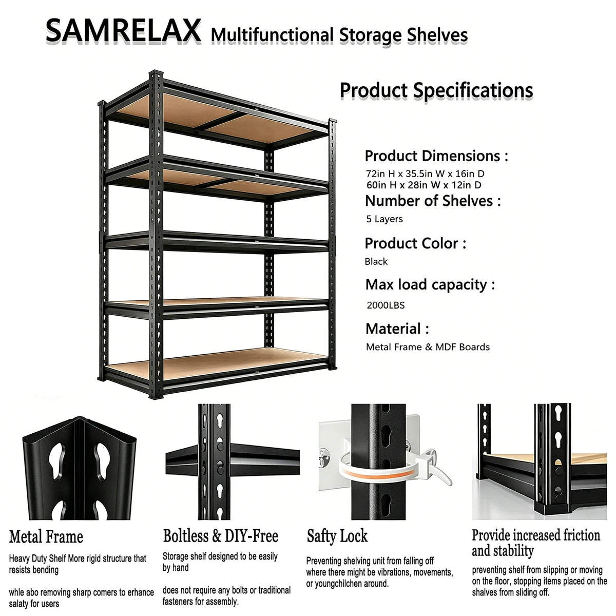 Iron Floor Storage Shelving Unit with Metal Frame for Garage, Pantry, Basement or Workshop, Assembly Required, Black or Gray - product view 6