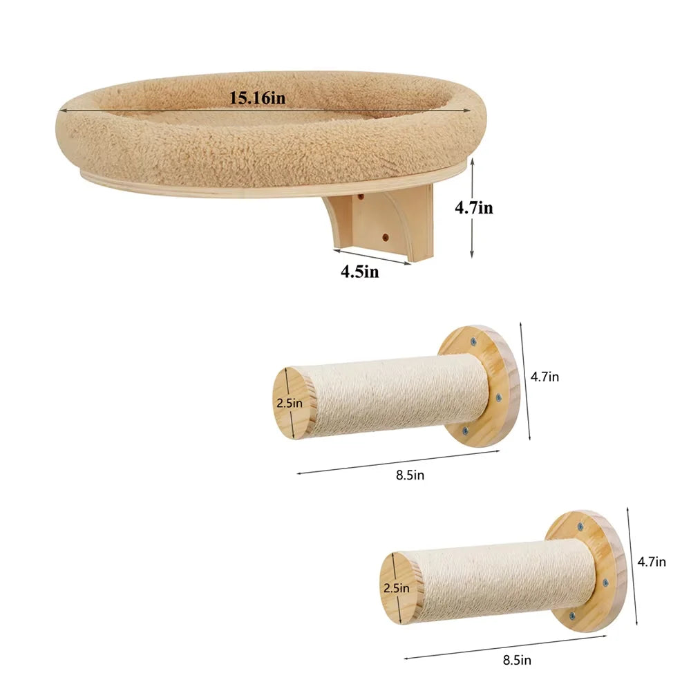 Wall-Mounted Cat Scratching Post, Pine Wood Climbing Ladder and Hammock Set for Indoor Cat Activity - product view 2