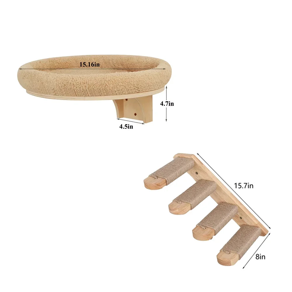 Wall-Mounted Cat Scratching Post, Pine Wood Climbing Ladder and Hammock Set for Indoor Cat Activity - product view 6