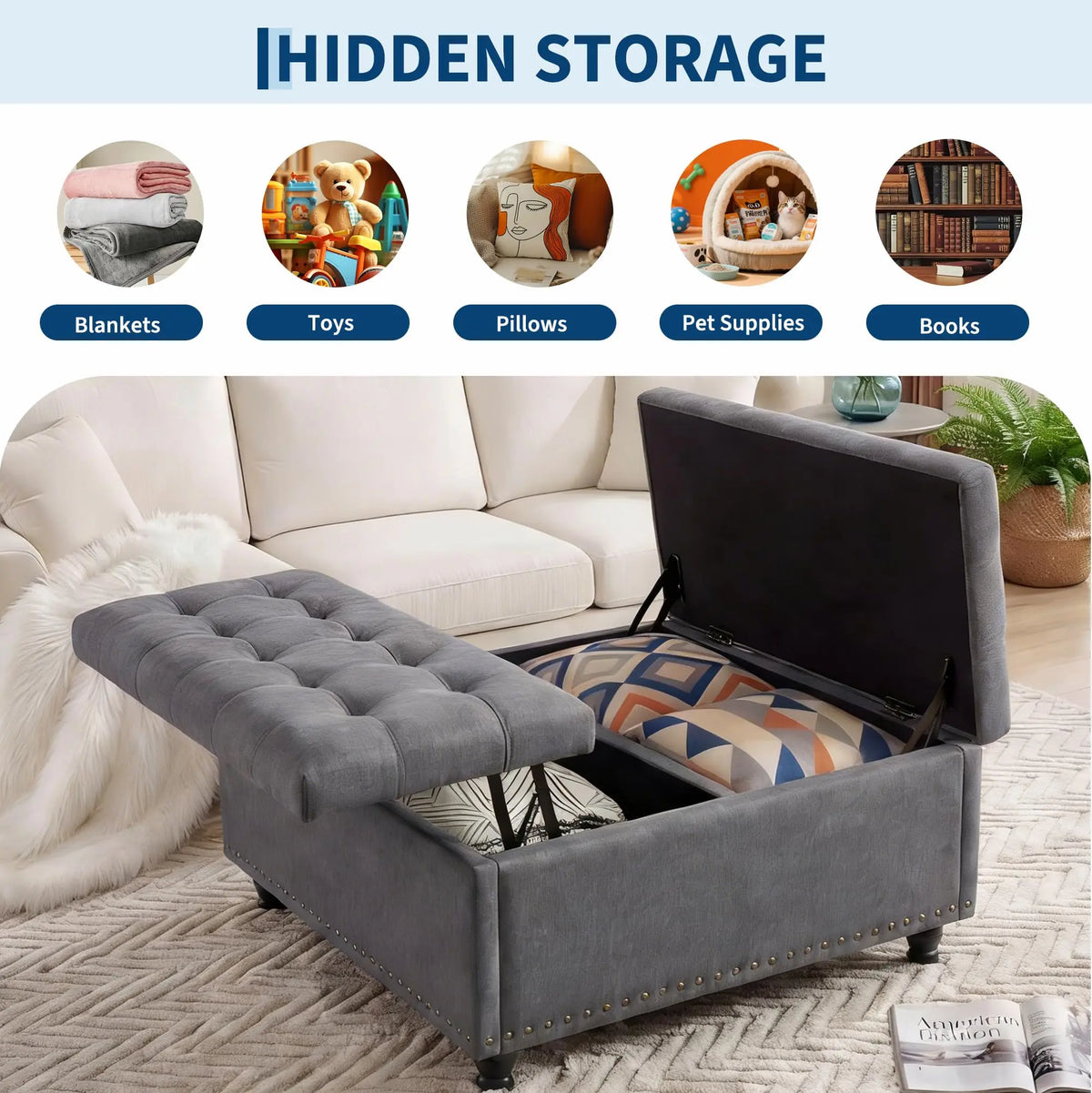 36-Inch Square Storage Ottoman, 169L Lift-Top Upholstered Bench with Tufted Seat, Wood Frame, 300 lb Capacity - product view 4