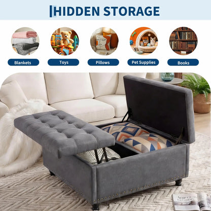 36-Inch Square Storage Ottoman, 169L Lift-Top Upholstered Bench with Tufted Seat, Wood Frame, 300 lb Capacity - product view 4