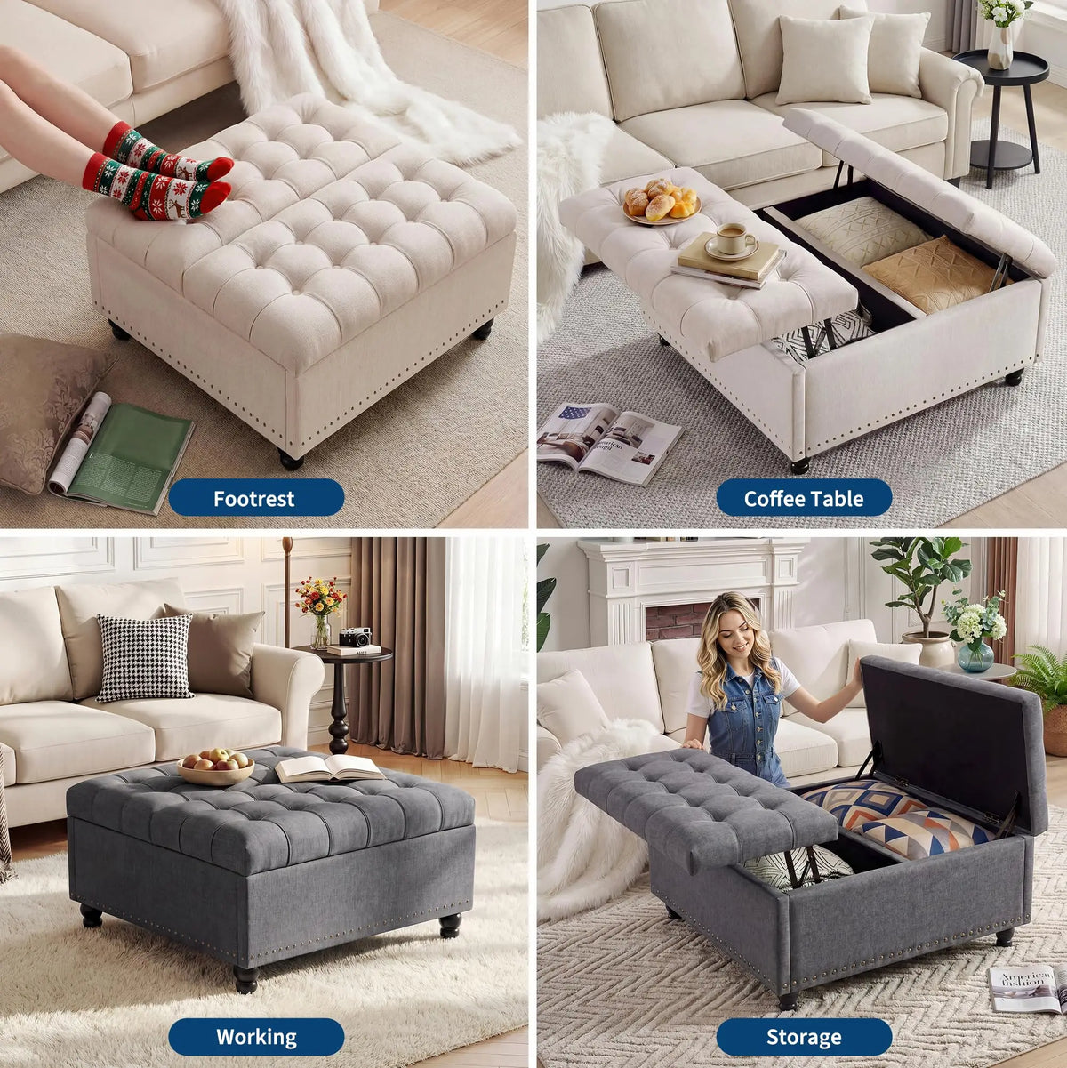 36-Inch Square Storage Ottoman, 169L Lift-Top Upholstered Bench with Tufted Seat, Wood Frame, 300 lb Capacity - product view 5