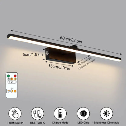 Rechargeable LED Picture Light, Dimmable Aluminum Wall Lamp, 40cm or 60cm, Black, Contemporary Gallery Lighting - product view 2
