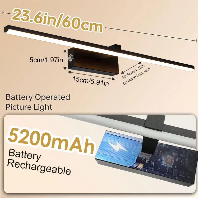 Rechargeable LED Picture Light, Dimmable Aluminum Wall Lamp, 40cm or 60cm, Black, Contemporary Gallery Lighting - product view 4