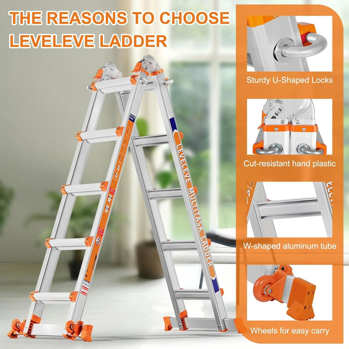 Multi-Position Extension Ladder, 20-Foot Reach, 330 lb Load Capacity, Anti-Slip Steps, Stabilizer Bars and Wheels - product view 3