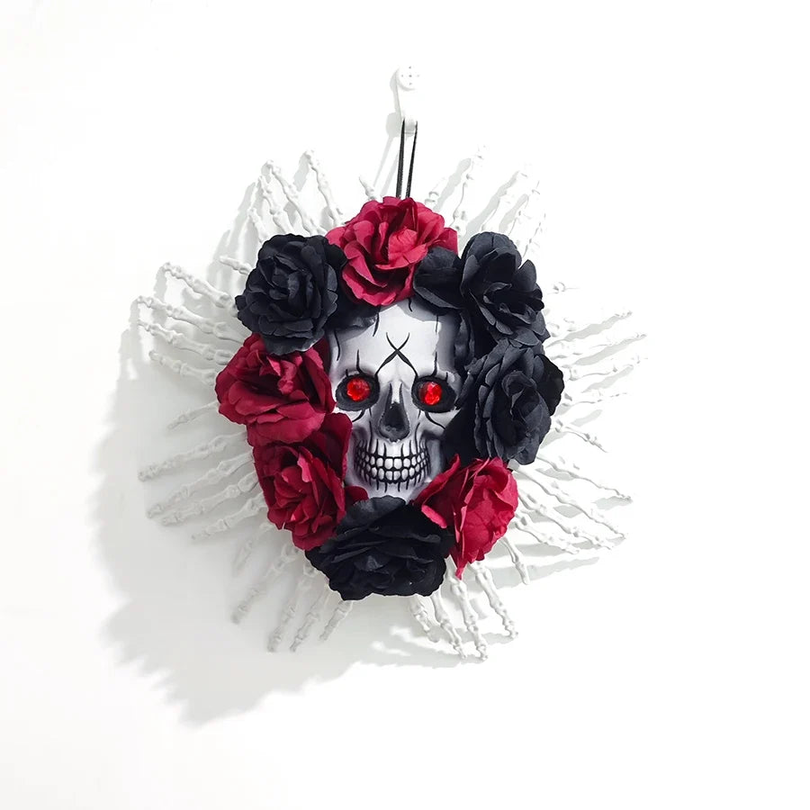 Halloween Skull Wreath, Red and Black Rose Garland with Skeleton Hands for Spooky Front Door and Indoor Seasonal Décor - product view 1