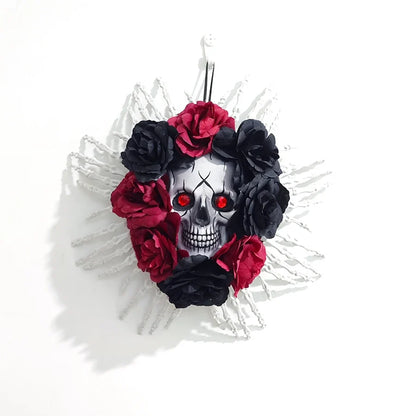 Halloween Skull Wreath, Red and Black Rose Garland with Skeleton Hands for Spooky Front Door and Indoor Seasonal Décor - product view 1