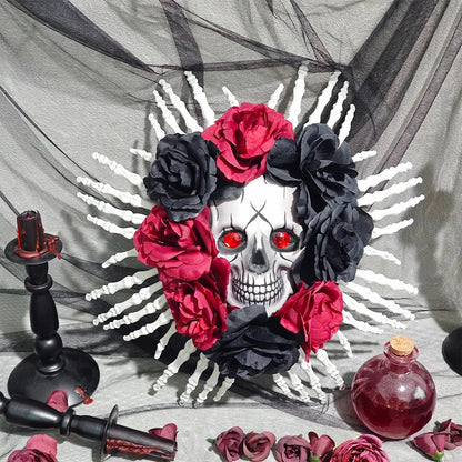 Halloween Skull Wreath, Red and Black Rose Garland with Skeleton Hands for Spooky Front Door and Indoor Seasonal Décor - product view 2