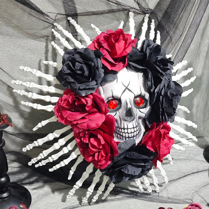 Halloween Skull Wreath, Red and Black Rose Garland with Skeleton Hands for Spooky Front Door and Indoor Seasonal Décor - product view 3