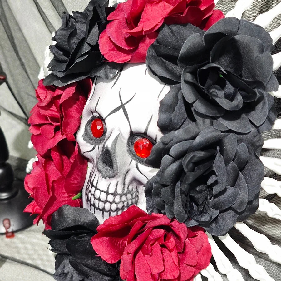 Halloween Skull Wreath, Red and Black Rose Garland with Skeleton Hands for Spooky Front Door and Indoor Seasonal Décor - product view 4