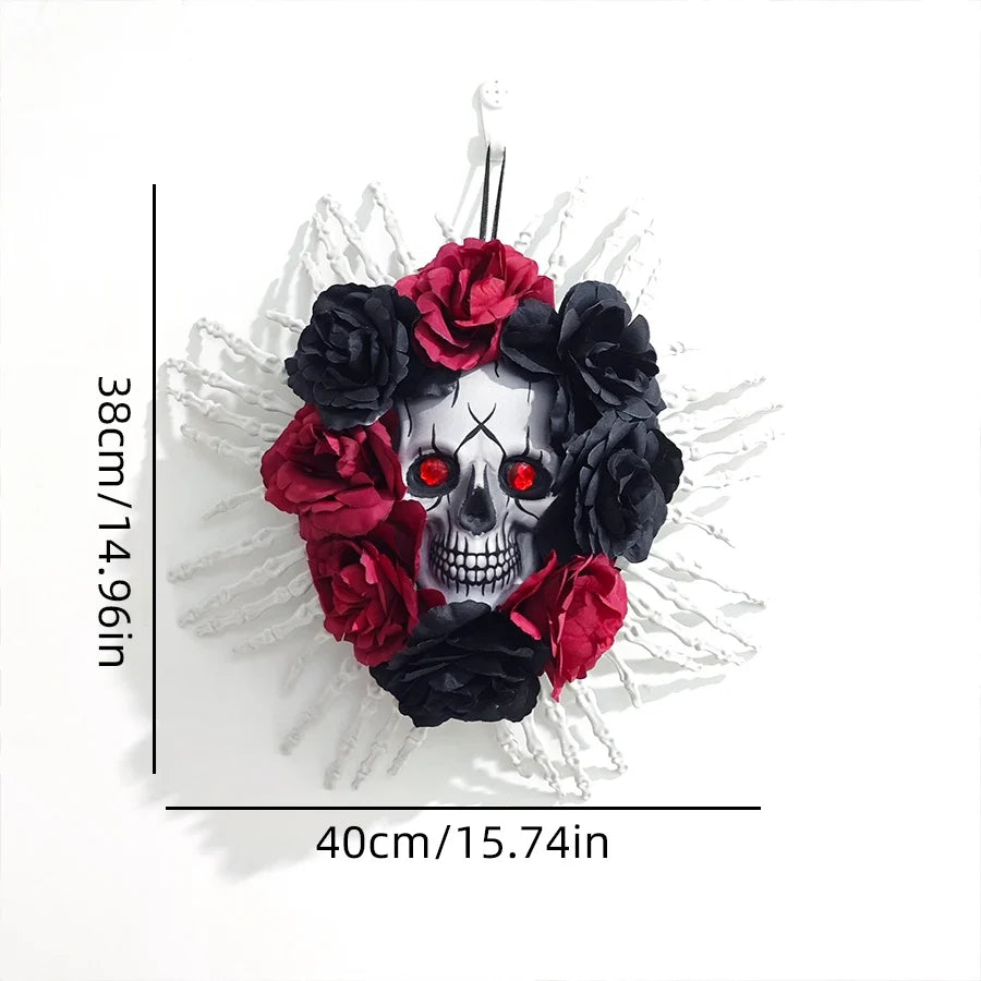 Halloween Skull Wreath, Red and Black Rose Garland with Skeleton Hands for Spooky Front Door and Indoor Seasonal Décor - product view 5