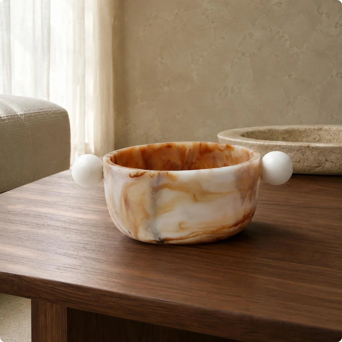 Marbled Resin Decorative Bowl with Spherical Handles, Stone-Look Accent for Living Room Table and Shelf Display - product view 1