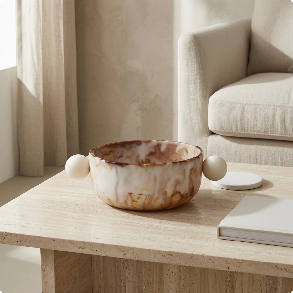 Marbled Resin Decorative Bowl with Spherical Handles, Stone-Look Accent for Living Room Table and Shelf Display - product view 2