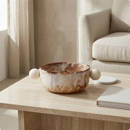 Marbled Resin Decorative Bowl with Spherical Handles, Stone-Look Accent for Living Room Table and Shelf Display - product view 2