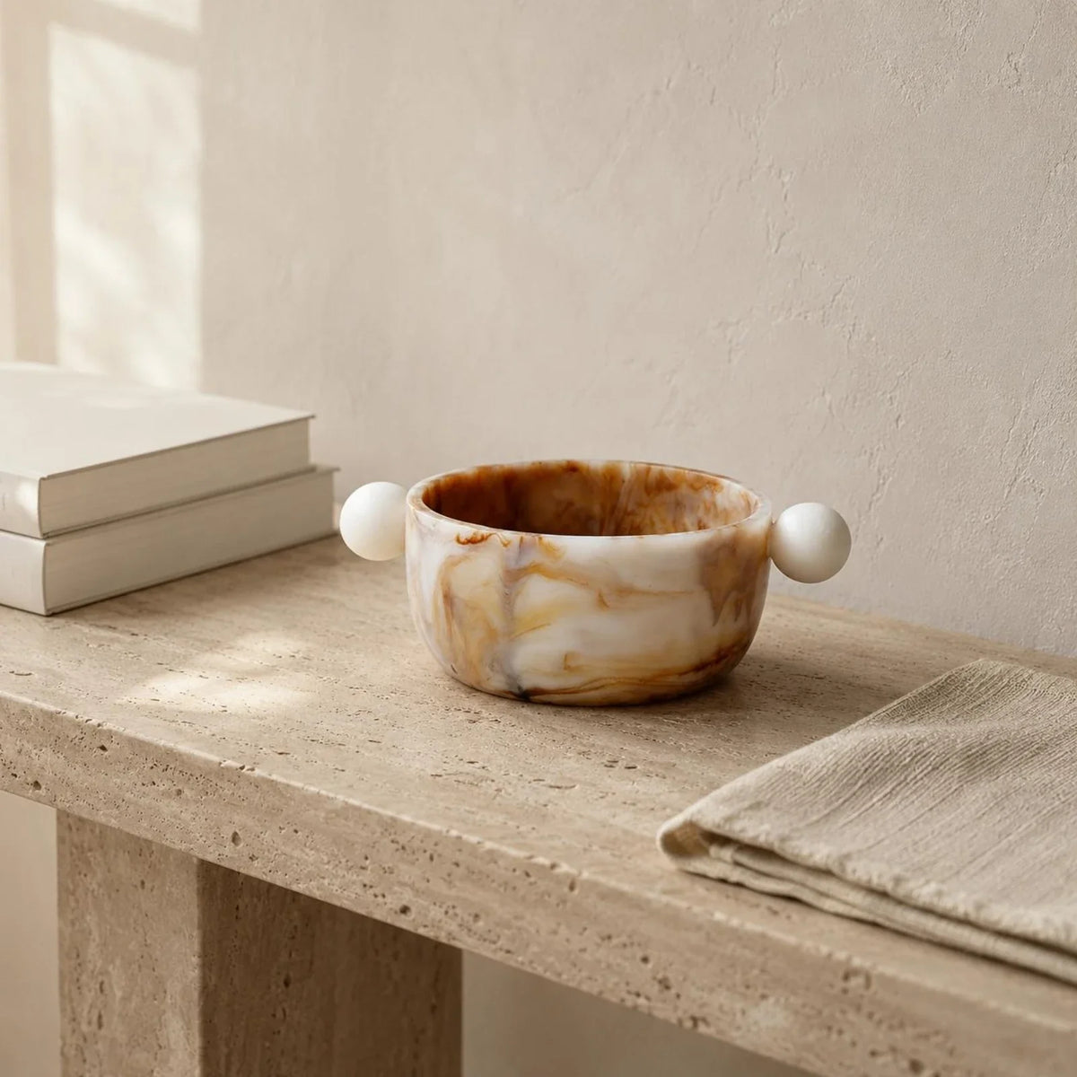 Marbled Resin Decorative Bowl with Spherical Handles, Stone-Look Accent for Living Room Table and Shelf Display - product view 3