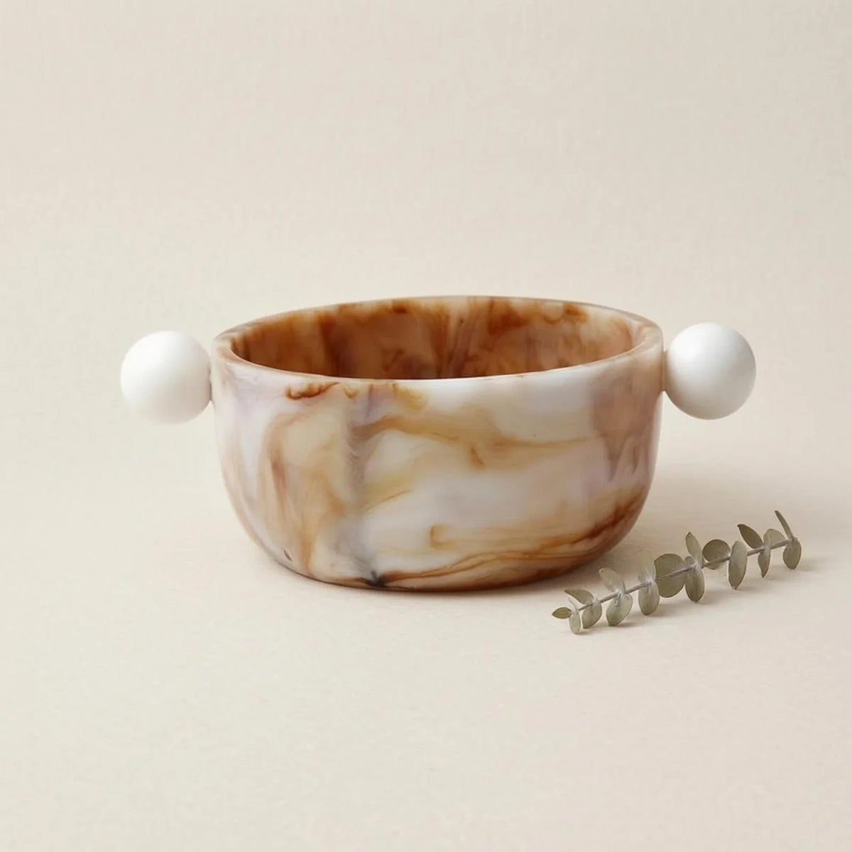 Marbled Resin Decorative Bowl with Spherical Handles, Stone-Look Accent for Living Room Table and Shelf Display - product view 6