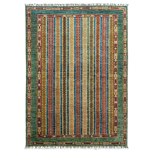 Green Vintage Wool Rug, Hand-Woven Striped Rectangle Carpet with EVA Backing, 146x200cm for Living Rooms and Bedrooms - product view 1