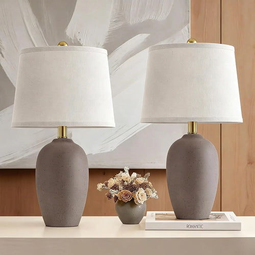 Ceramic Bedside Table Lamp Set of 2, Fabric Shades, Solar Power, 5V for Bedroom and Living Room - product view 1